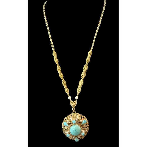 Vtg W Germany Gold-Tone Necklace Faux Turquoise & Pearl Filigree Pendant SIGNED - Picture 4 of 9